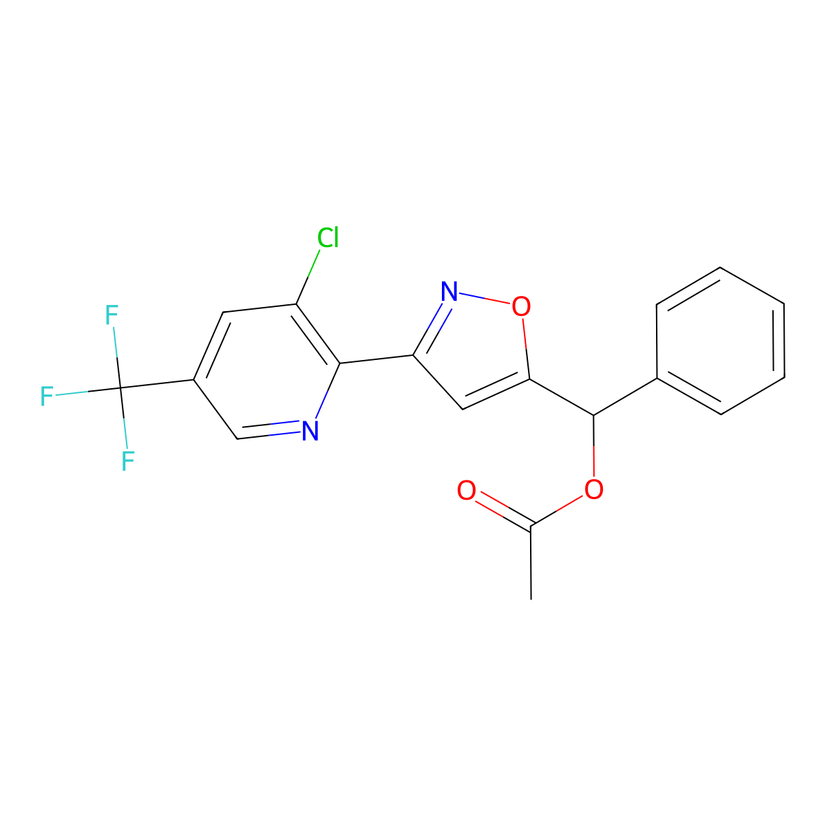 {3-[3-Chloro-5-(trifluoromethyl)-2-pyridinyl]-5-isoxazolyl}(phenyl)methyl acetate molecular structure, CAS 861211-79-2