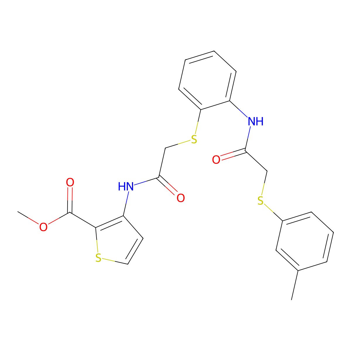Methyl 3-[(2-{[2-({2-[(3-methylphenyl)sulfanyl]acetyl}amino)phenyl]sulfanyl}acetyl)amino]-2-thiophenecarboxylate molecular structure, CAS 861212-53-5