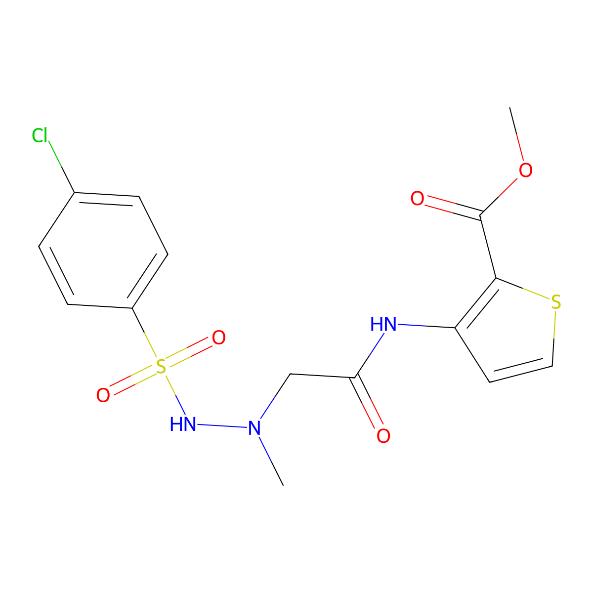 Methyl 3-[(2-{2-[(4-chlorophenyl)sulfonyl]-1-methylhydrazino}acetyl)amino]-2-thiophenecarboxylate molecular structure, CAS 861212-55-7