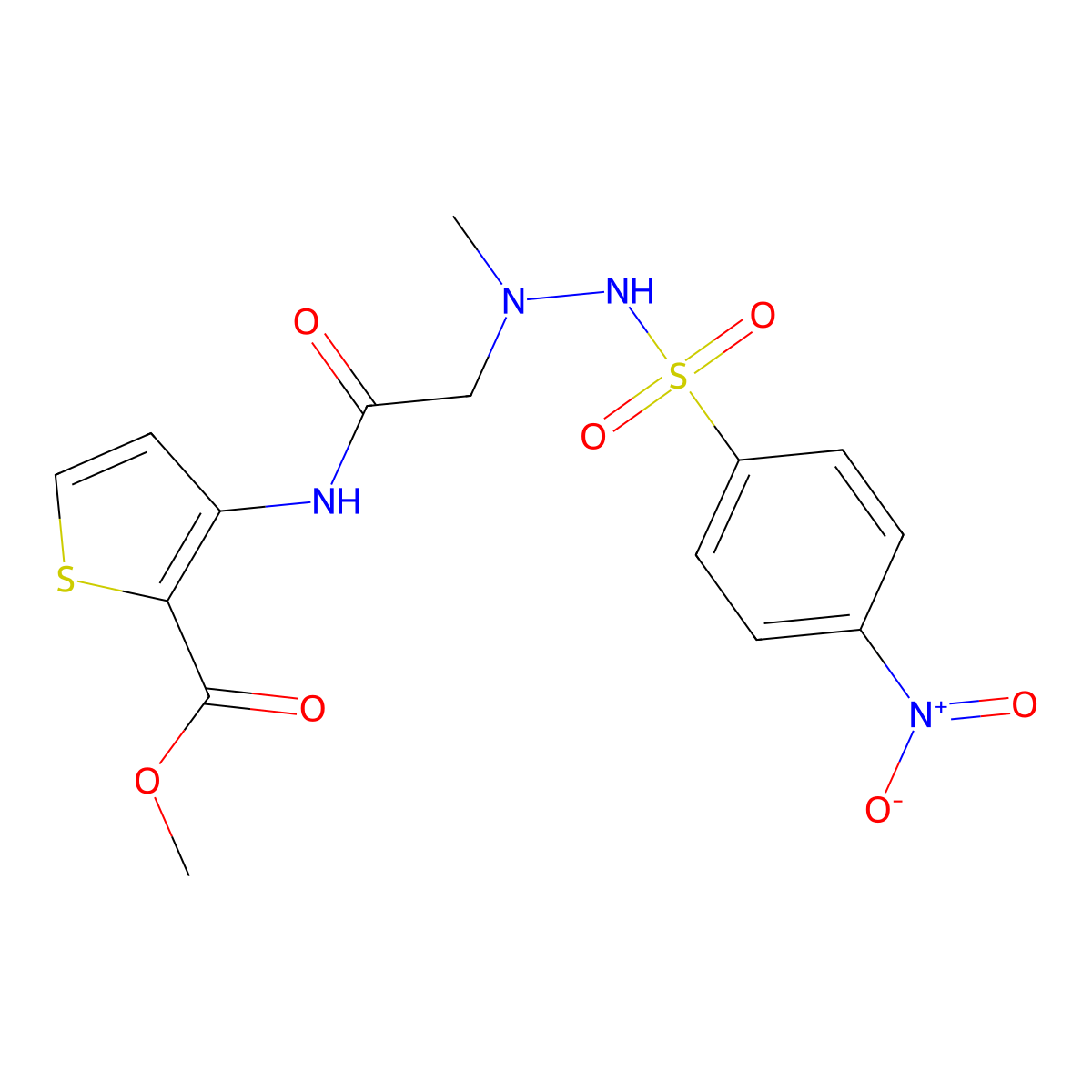 Methyl 3-[(2-{1-methyl-2-[(4-nitrophenyl)sulfonyl]hydrazino}acetyl)amino]-2-thiophenecarboxylate molecular structure, CAS 861212-60-4