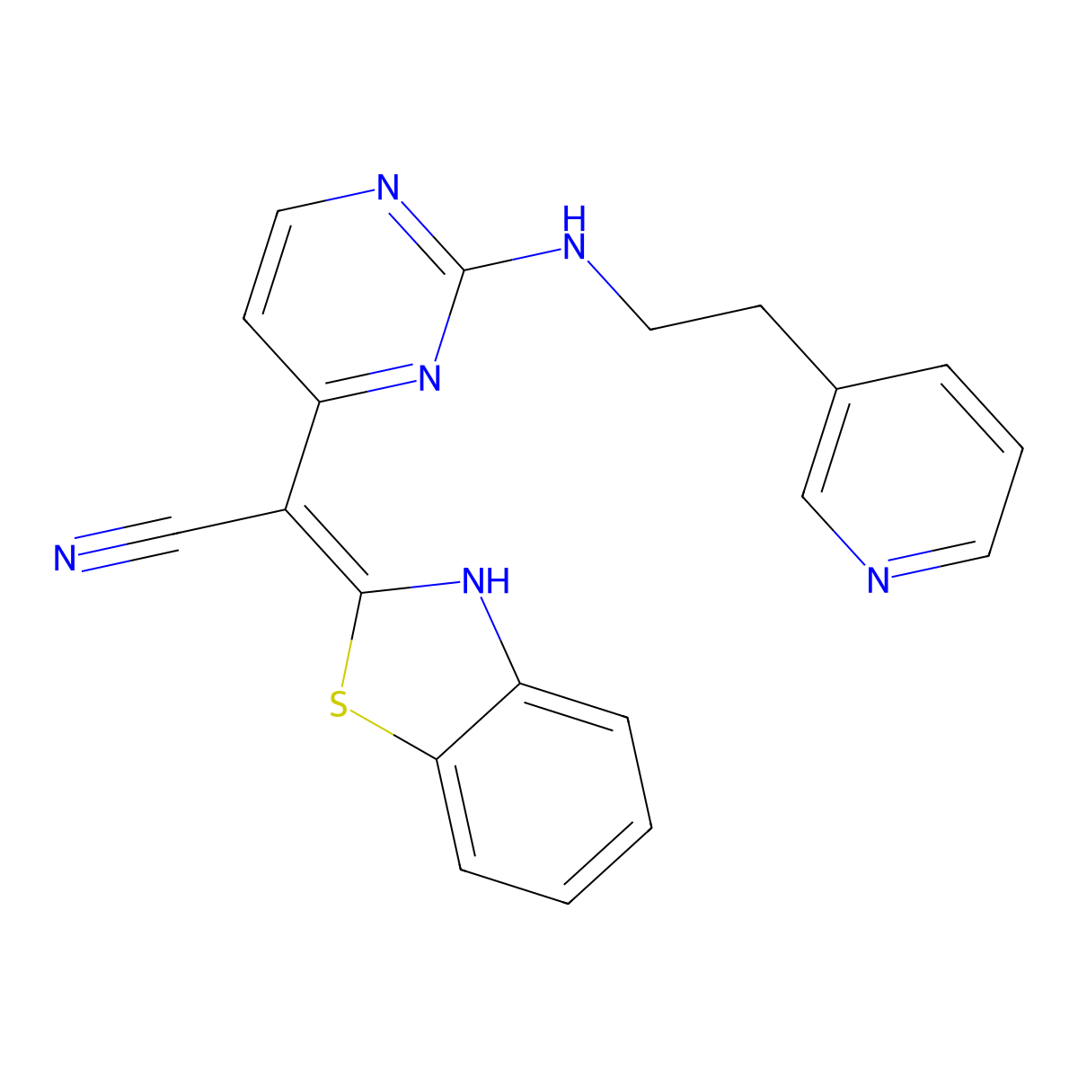 2-[(2Z)-2,3-dihydro-1,3-benzothiazol-2-ylidene]-2-(2-{[2-(pyridin-3-yl)ethyl]amino}pyrimidin-4-yl)acetonitrile molecular structure, CAS 861411-83-8