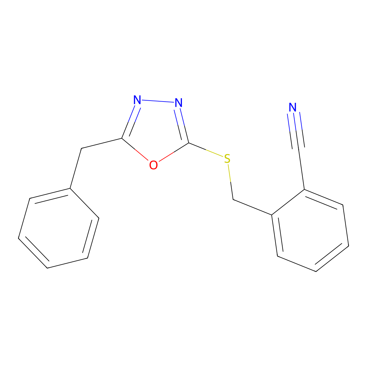 2-[(5-Benzyl-1,3,4-oxadiazol-2-yl)sulfanylmethyl]benzonitrile molecular structure, CAS 861412-58-0