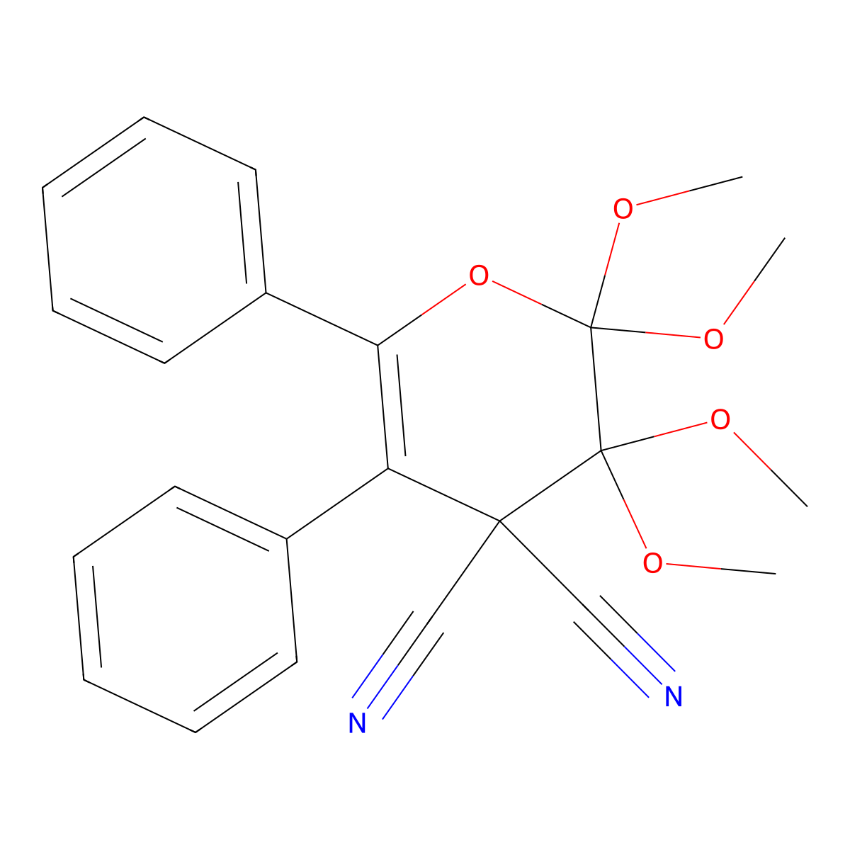 2,2,3,3-Tetramethoxy-5,6-diphenyl-2,3-dihydro-4H-pyran-4,4-dicarbonitrile molecular structure, CAS 86143-71-7