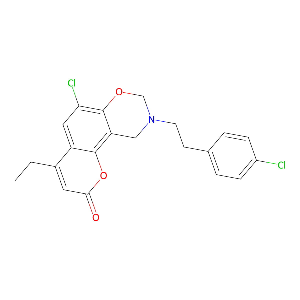 6-chloro-9-[2-(4-chlorophenyl)ethyl]-4-ethyl-9,10-dihydro-2H,8H-chromeno[8,7-e][1,3]oxazin-2-one molecular structure, CAS 861628-31-1