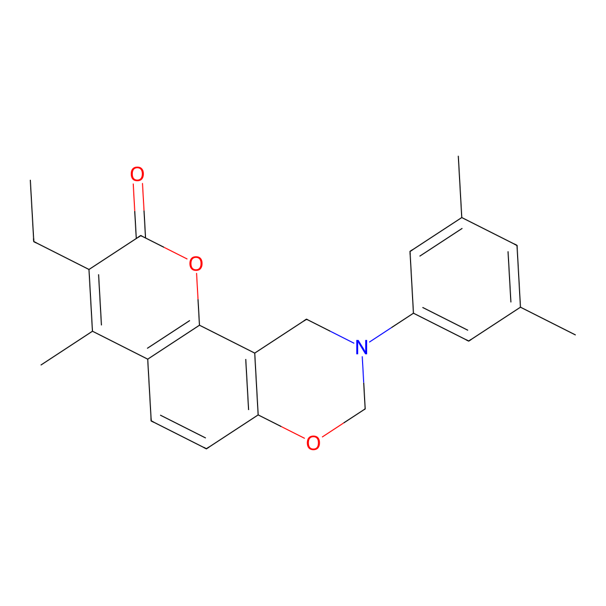 9-(3,5-dimethylphenyl)-3-ethyl-4-methyl-9,10-dihydro-2H,8H-chromeno[8,7-e][1,3]oxazin-2-one molecular structure, CAS 861628-78-6