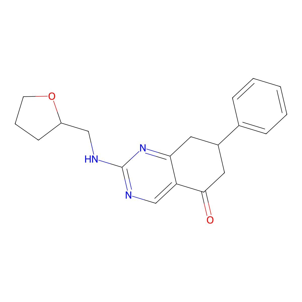 7-phenyl-2-[(tetrahydrofuran-2-ylmethyl)amino]-7,8-dihydroquinazolin-5(6H)-one molecular structure, CAS 861629-69-8