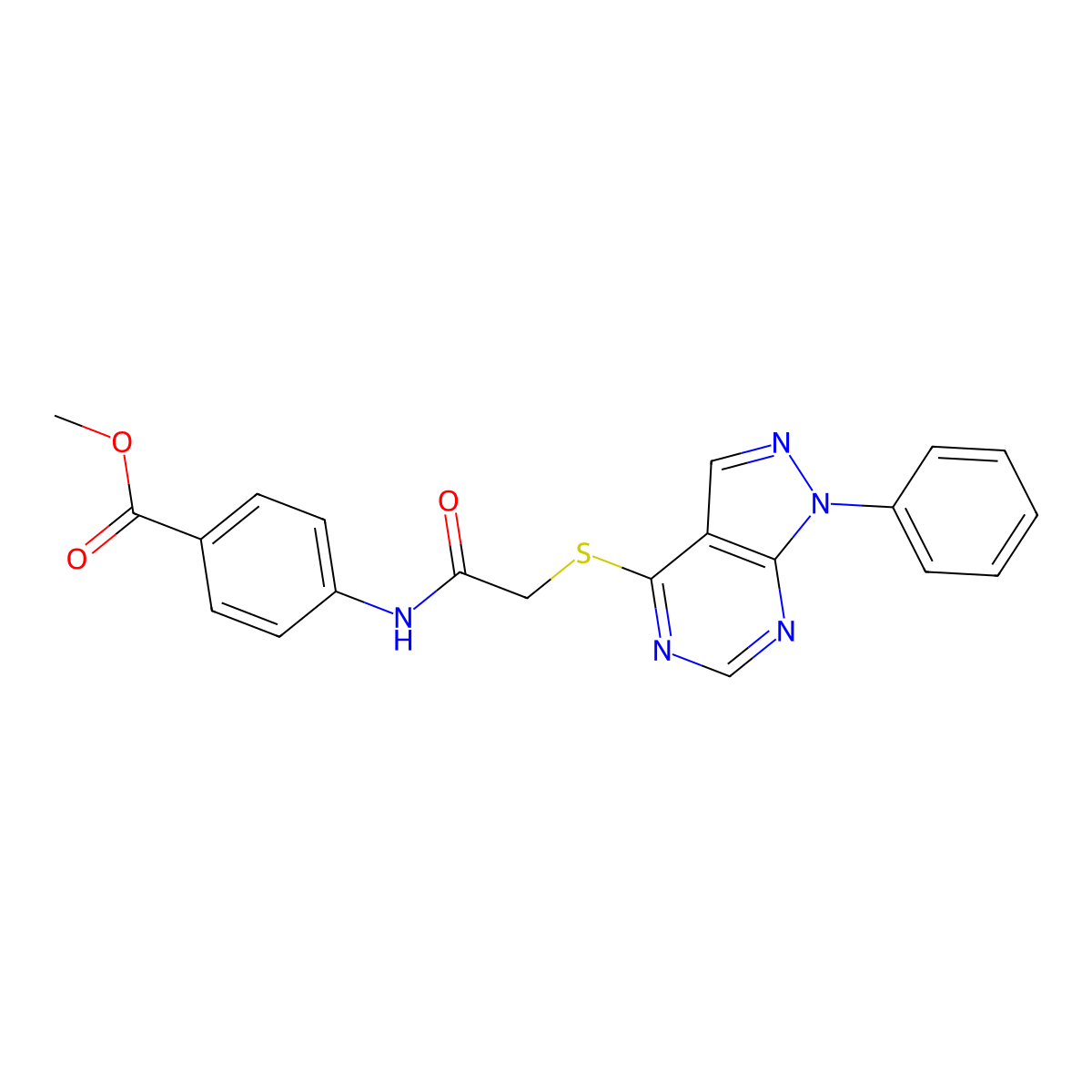 methyl 4-(2-((1-phenyl-1H-pyrazolo[3,4-d]pyrimidin-4-yl)thio)acetamido)benzoate molecular structure, CAS 861634-72-2