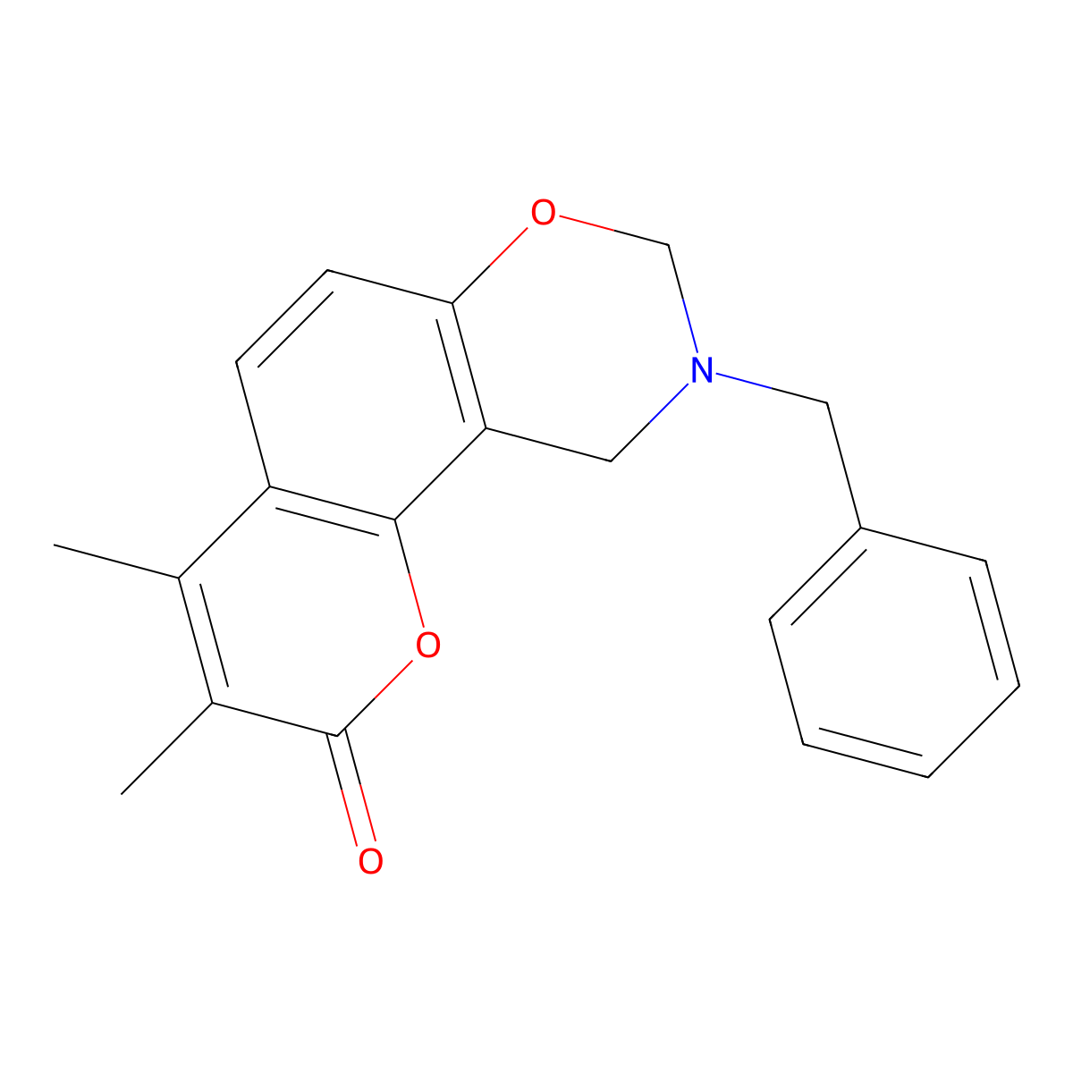 9-benzyl-3,4-dimethyl-9,10-dihydro-2H,8H-chromeno[8,7-e][1,3]oxazin-2-one molecular structure, CAS 861635-09-8