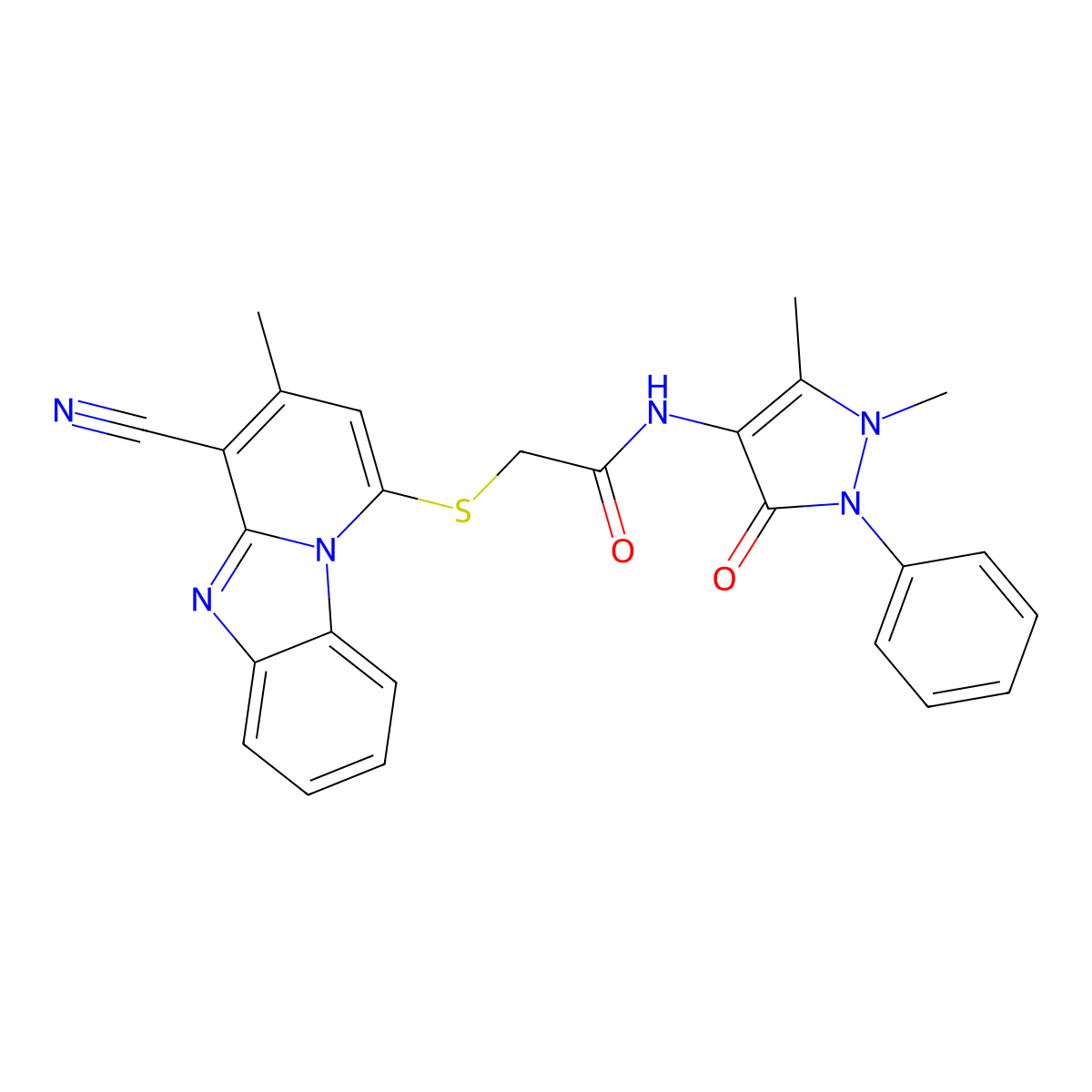 2-(4-cyano-3-methylpyrido[1,2-a]benzimidazol-1-yl)sulfanyl-N-(1,5-dimethyl-3-oxo-2-phenylpyrazol-4-yl)acetamide molecular structure, CAS 861638-01-9