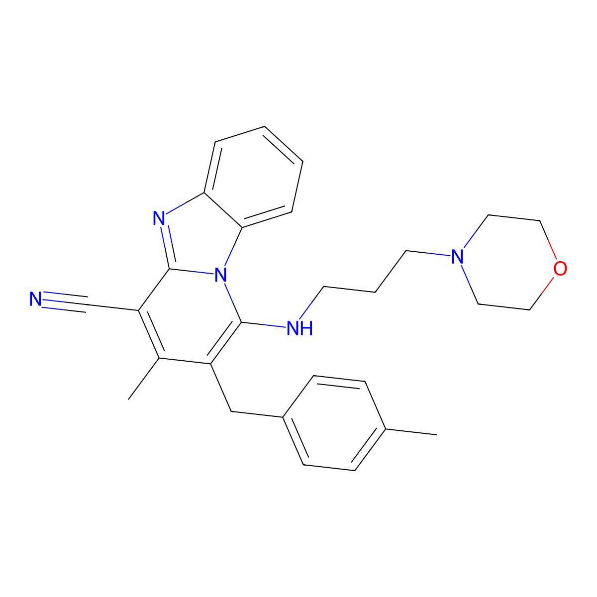 3-Methyl-2-[(4-methylphenyl)methyl]-1-(3-morpholin-4-ylpropylamino)pyrido[1,2-a]benzimidazole-4-carbonitrile molecular structure, CAS 861639-59-0