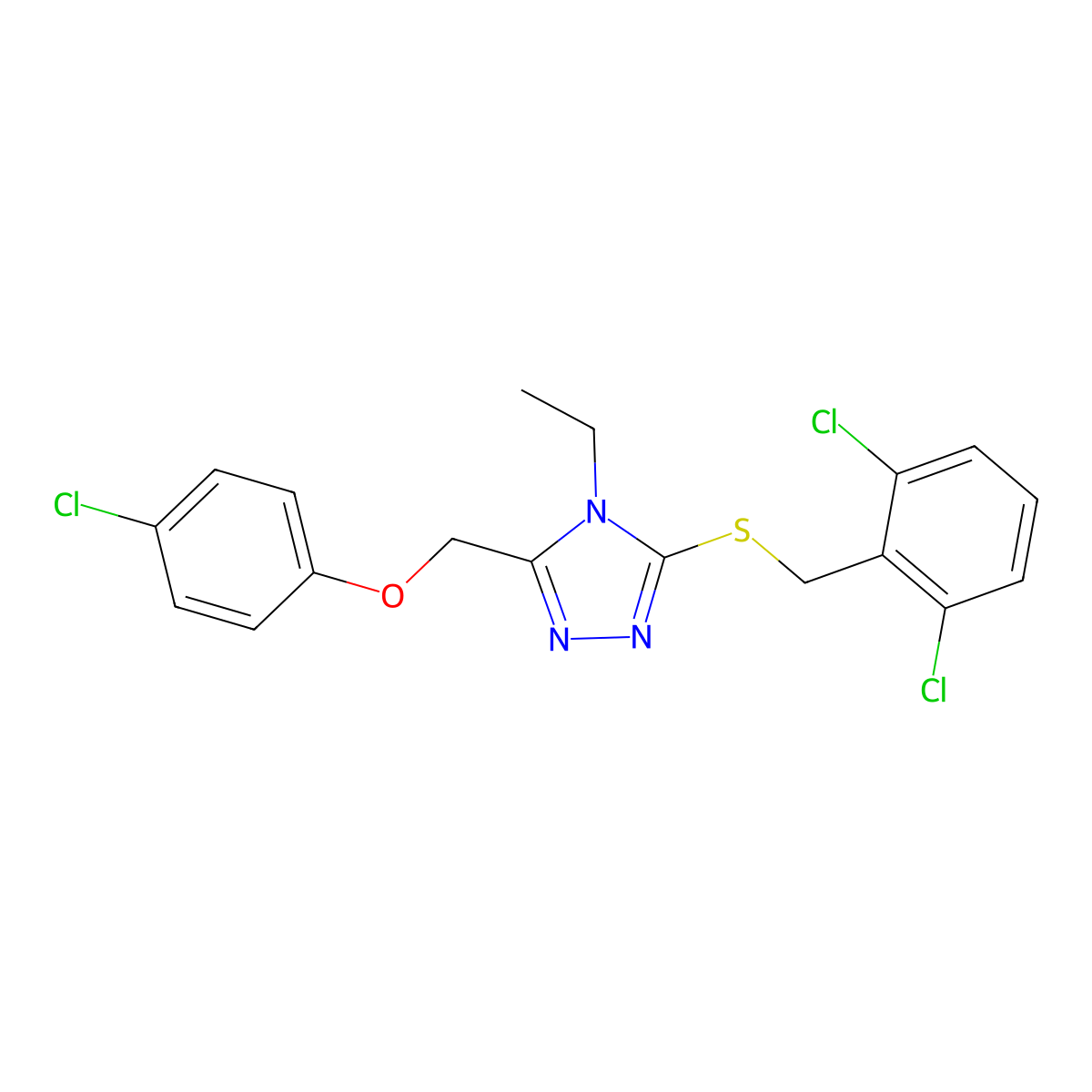 3-[(4-Chlorophenoxy)methyl]-5-[(2,6-dichlorophenyl)methylsulfanyl]-4-ethyl-1,2,4-triazole molecular structure, CAS 861643-15-4
