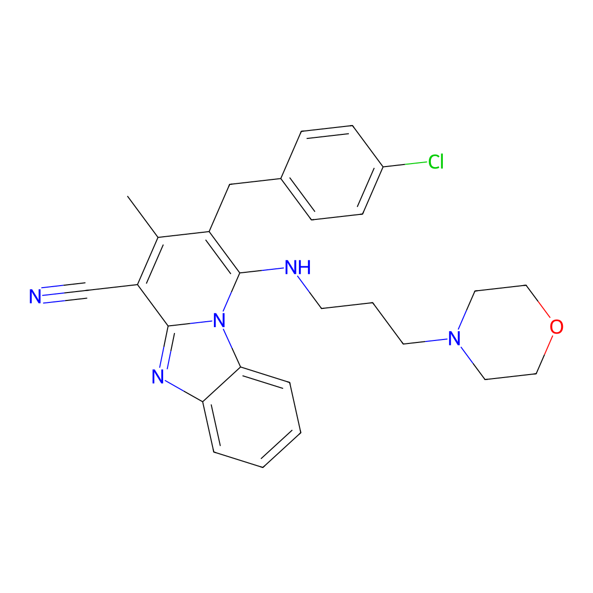 12-[(4-Chlorophenyl)methyl]-11-methyl-13-{[3-(morpholin-4-yl)propyl]amino}-1,8-diazatricyclo[7.4.0.0^{2,7}]trideca-2(7),3,5,8,10,12-hexaene-10-carbonitrile molecular structure, CAS 861643-36-9