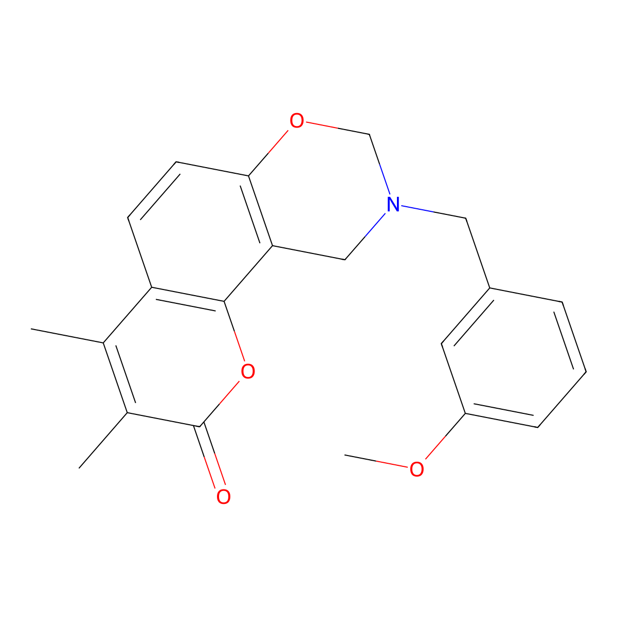 9-(3-methoxybenzyl)-3,4-dimethyl-9,10-dihydro-2H,8H-chromeno[8,7-e][1,3]oxazin-2-one molecular structure, CAS 861643-89-2