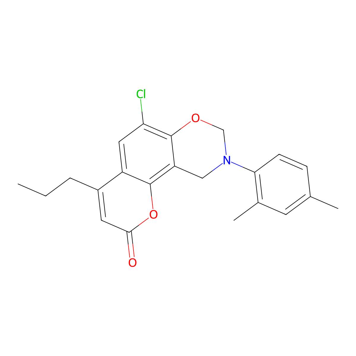 6-chloro-9-(2,4-dimethylphenyl)-4-propyl-9,10-dihydro-2H,8H-chromeno[8,7-e][1,3]oxazin-2-one molecular structure, CAS 861645-33-2