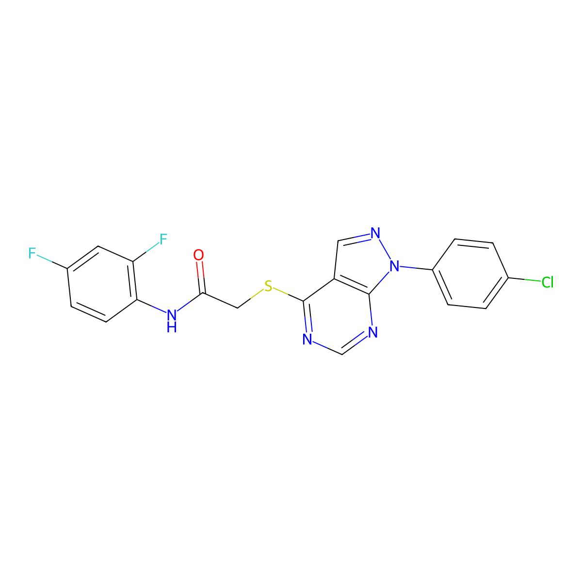 2-((1-(4-chlorophenyl)-1H-pyrazolo[3,4-d]pyrimidin-4-yl)thio)-N-(2,4-difluorophenyl)acetamide molecular structure, CAS 861645-98-9