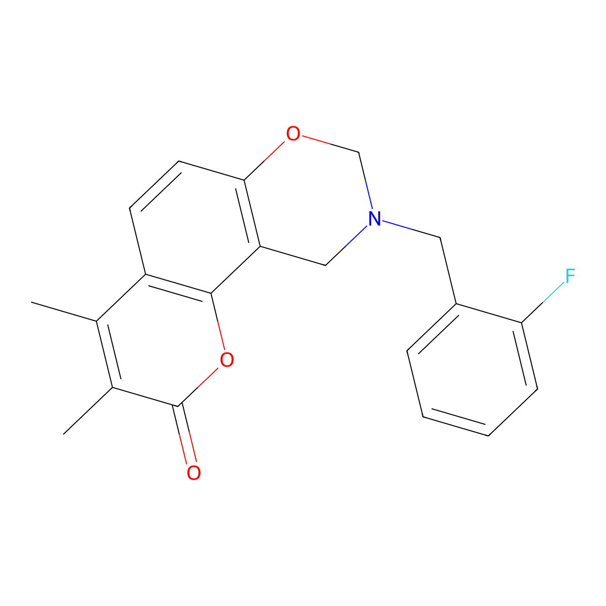 9-(2-fluorobenzyl)-3,4-dimethyl-9,10-dihydro-2H,8H-chromeno[8,7-e][1,3]oxazin-2-one molecular structure, CAS 861649-53-8