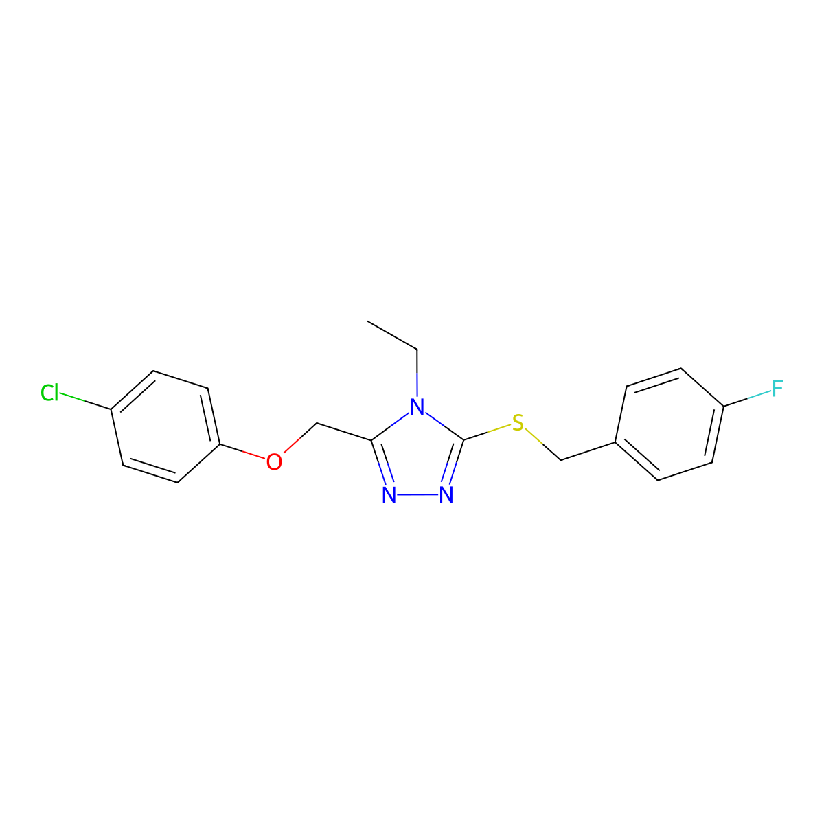 3-[(4-chlorophenoxy)methyl]-4-ethyl-5-[(4-fluorobenzyl)sulfanyl]-4H-1,2,4-triazole molecular structure, CAS 861652-49-5