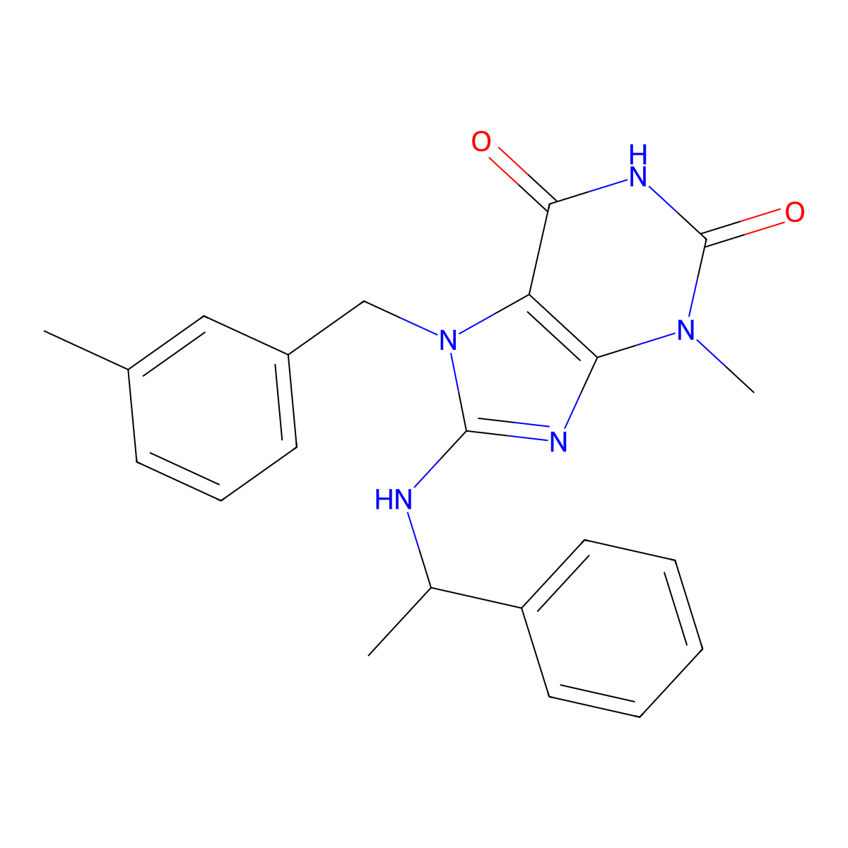 3-methyl-7-(3-methylbenzyl)-8-((1-phenylethyl)amino)-1H-purine-2,6(3H,7H)-dione molecular structure, CAS 861820-72-6