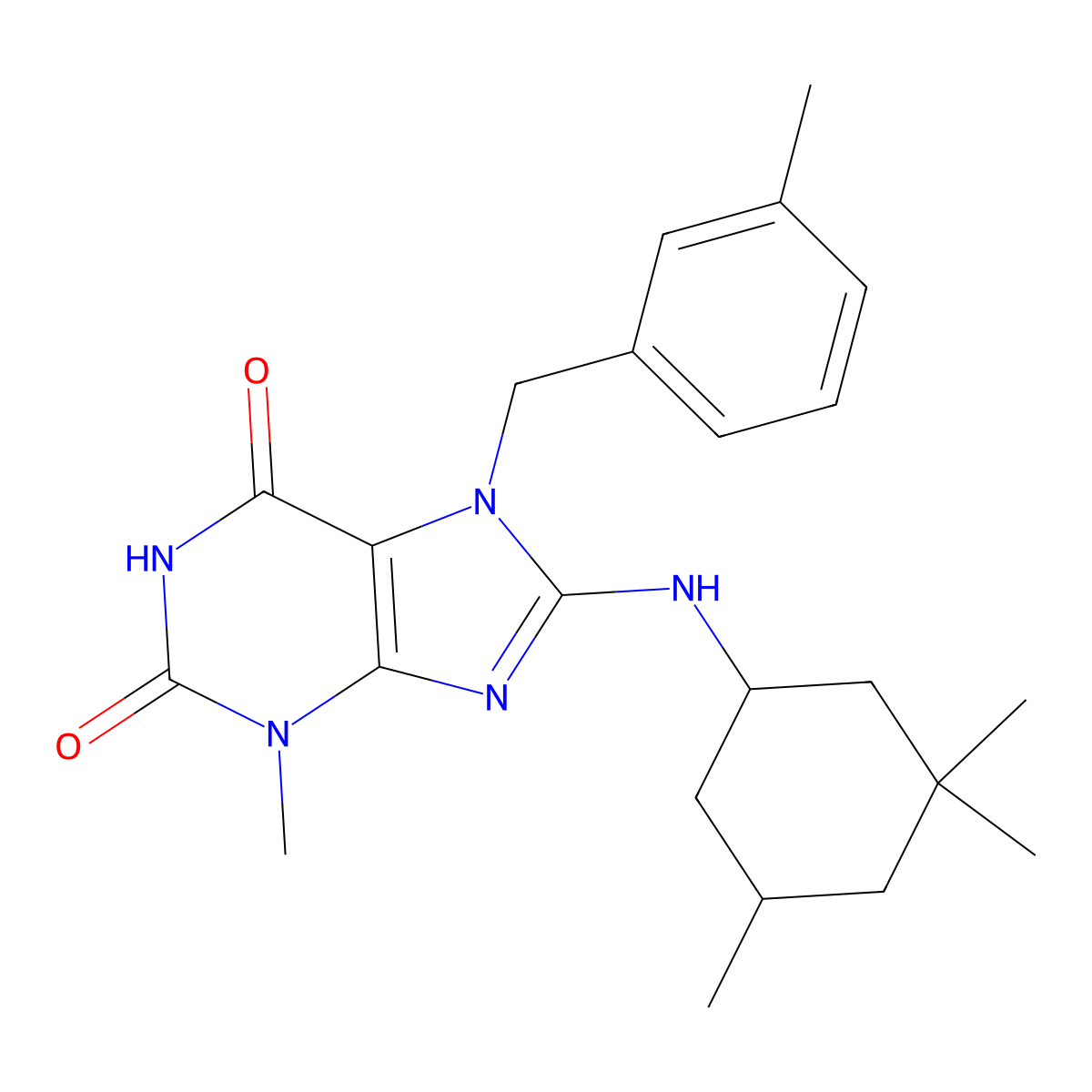 3-Methyl-7-[(3-methylphenyl)methyl]-8-[(3,3,5-trimethylcyclohexyl)amino]purine-2,6-dione molecular structure, CAS 861820-79-3