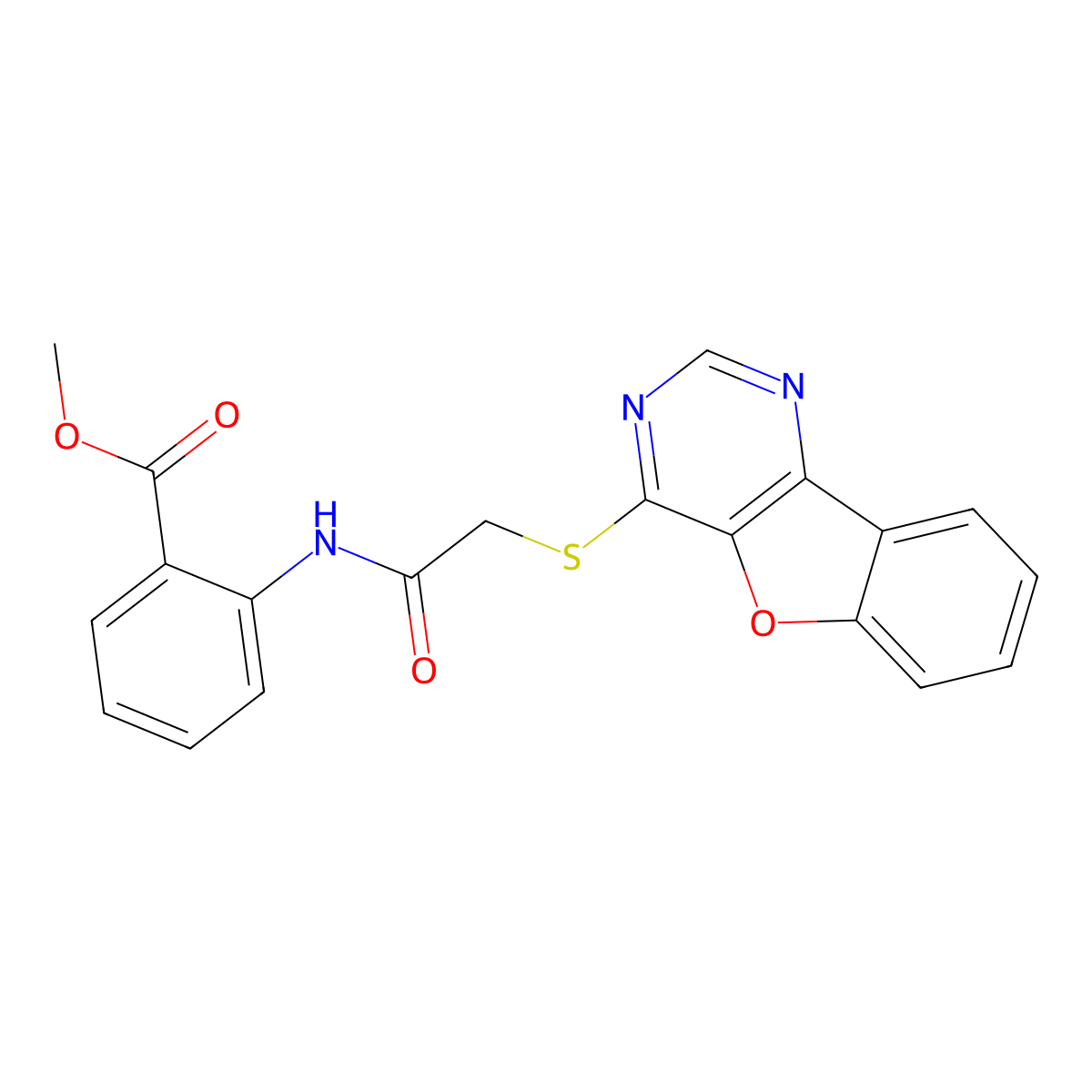 Methyl 2-(2-(benzofuro[3,2-d]pyrimidin-4-ylthio)acetamido)benzoate molecular structure, CAS 862105-39-3