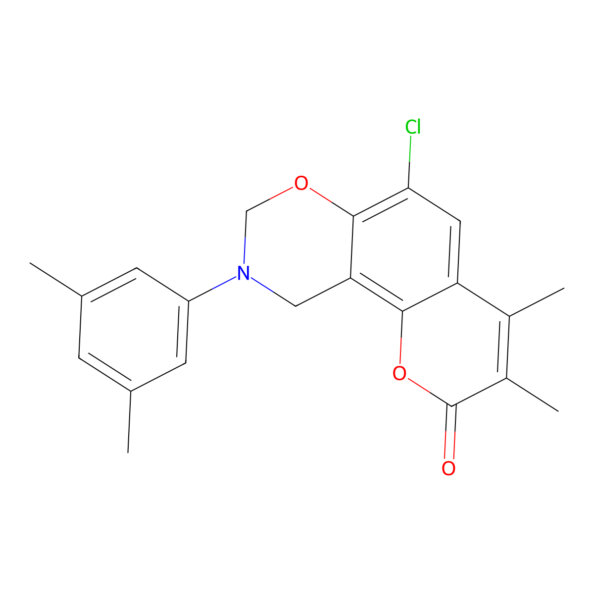 6-chloro-9-(3,5-dimethylphenyl)-3,4-dimethyl-9,10-dihydro-2H,8H-chromeno[8,7-e][1,3]oxazin-2-one molecular structure, CAS 862107-02-6