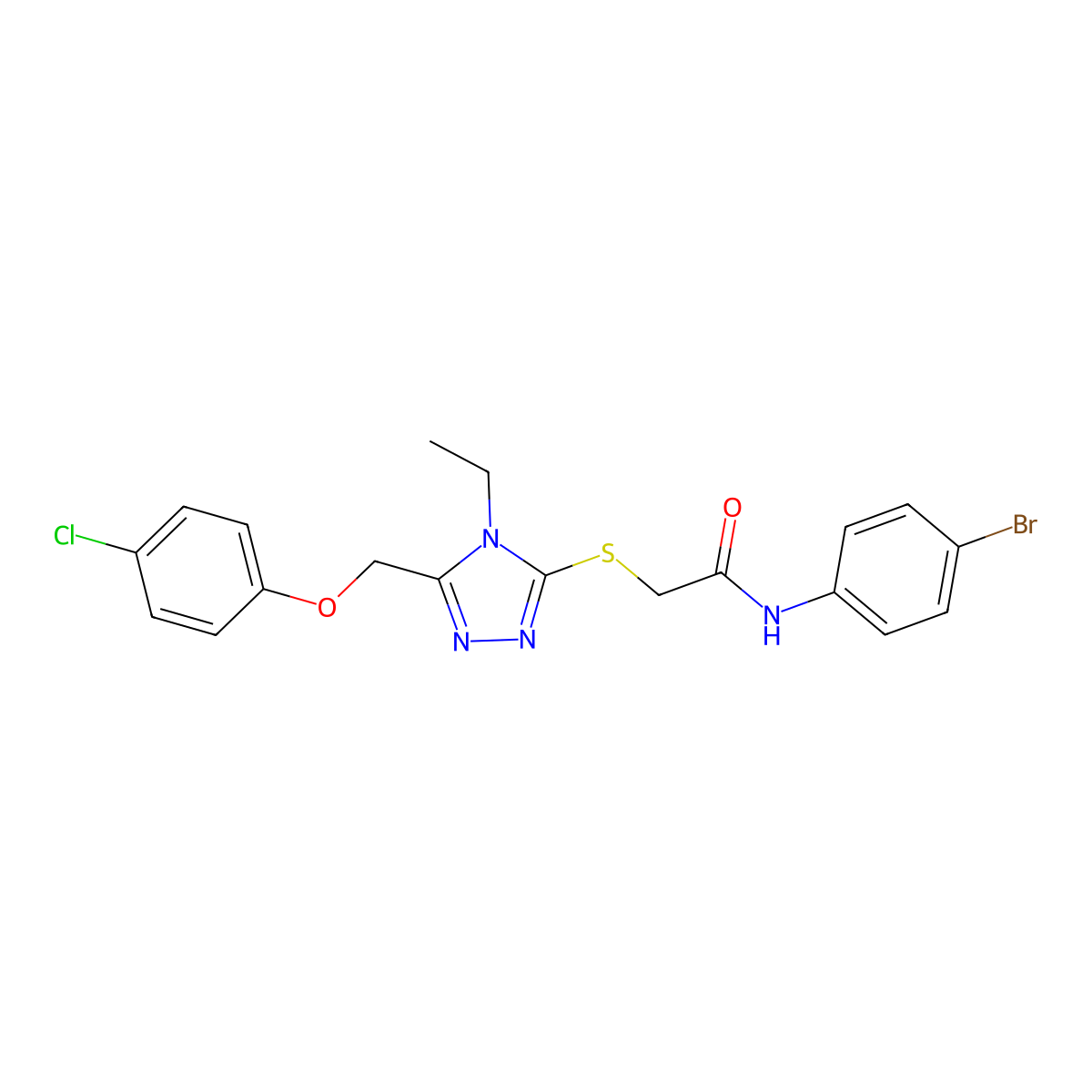 N-(4-bromophenyl)-2-({5-[(4-chlorophenoxy)methyl]-4-ethyl-4H-1,2,4-triazol-3-yl}sulfanyl)acetamide molecular structure, CAS 862118-06-7