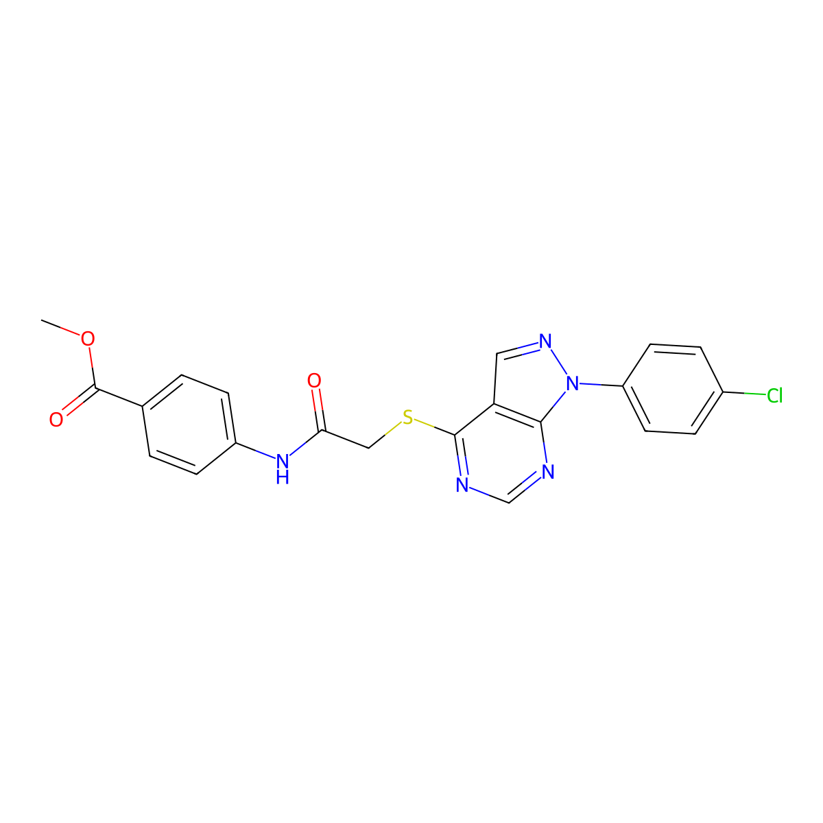 methyl 4-(2-((1-(4-chlorophenyl)-1H-pyrazolo[3,4-d]pyrimidin-4-yl)thio)acetamido)benzoate molecular structure, CAS 862126-70-3