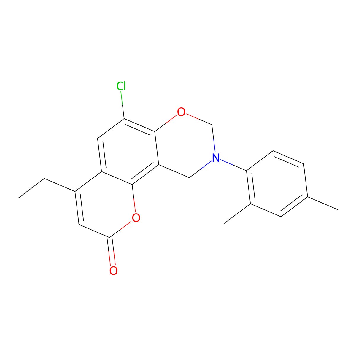 6-chloro-9-(2,4-dimethylphenyl)-4-ethyl-9,10-dihydro-2H,8H-chromeno[8,7-e][1,3]oxazin-2-one molecular structure, CAS 862128-94-7