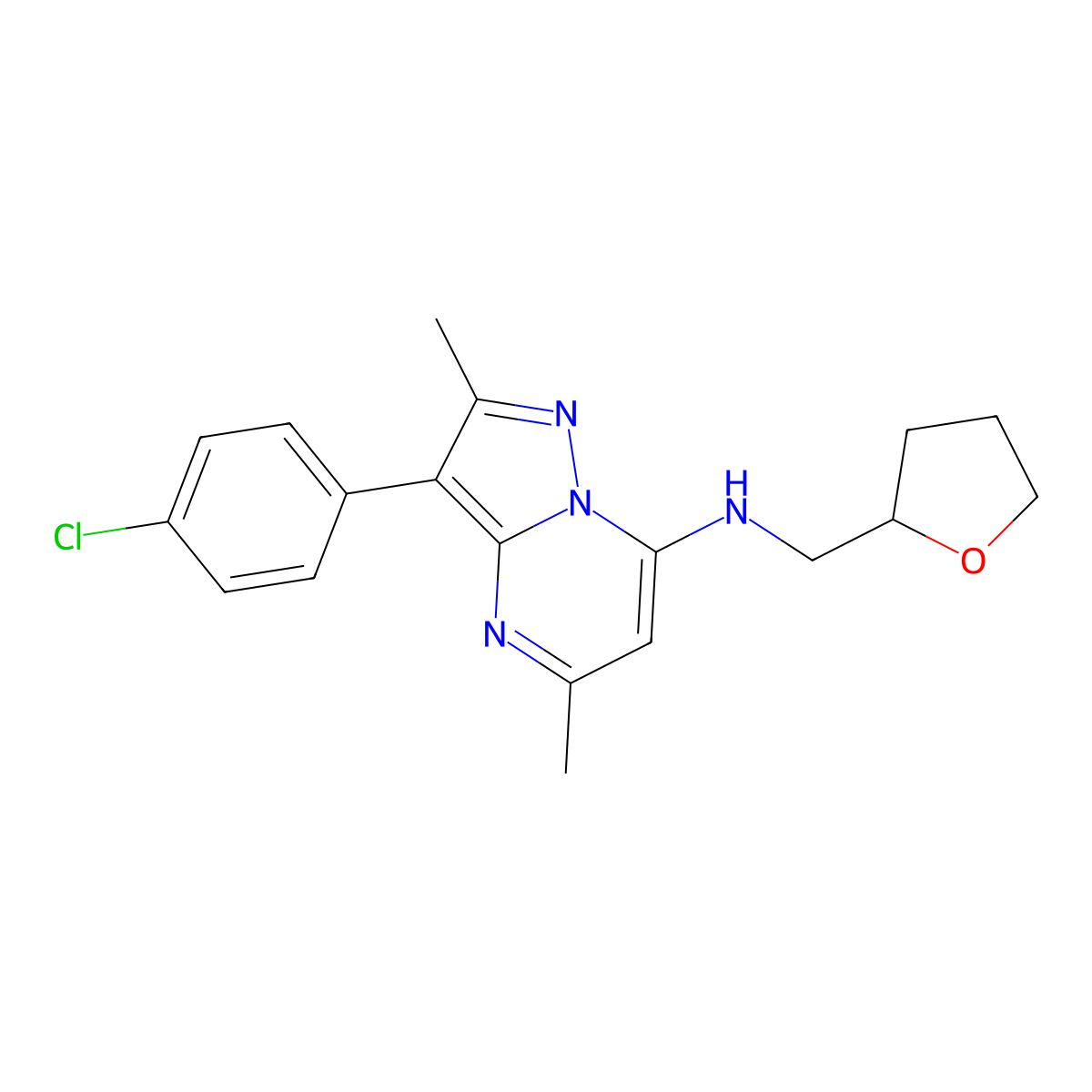 3-(4-chlorophenyl)-2,5-dimethyl-N-((tetrahydrofuran-2-yl)methyl)pyrazolo[1,5-a]pyrimidin-7-amine molecular structure, CAS 862191-64-8