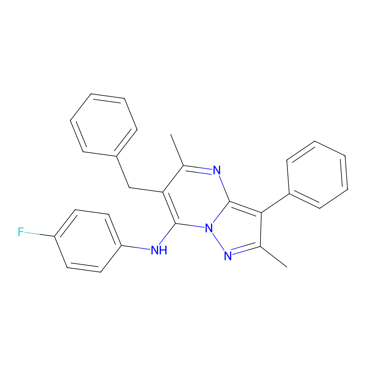 6-benzyl-N-(4-fluorophenyl)-2,5-dimethyl-3-phenylpyrazolo[1,5-a]pyrimidin-7-amine molecular structure, CAS 862191-75-1