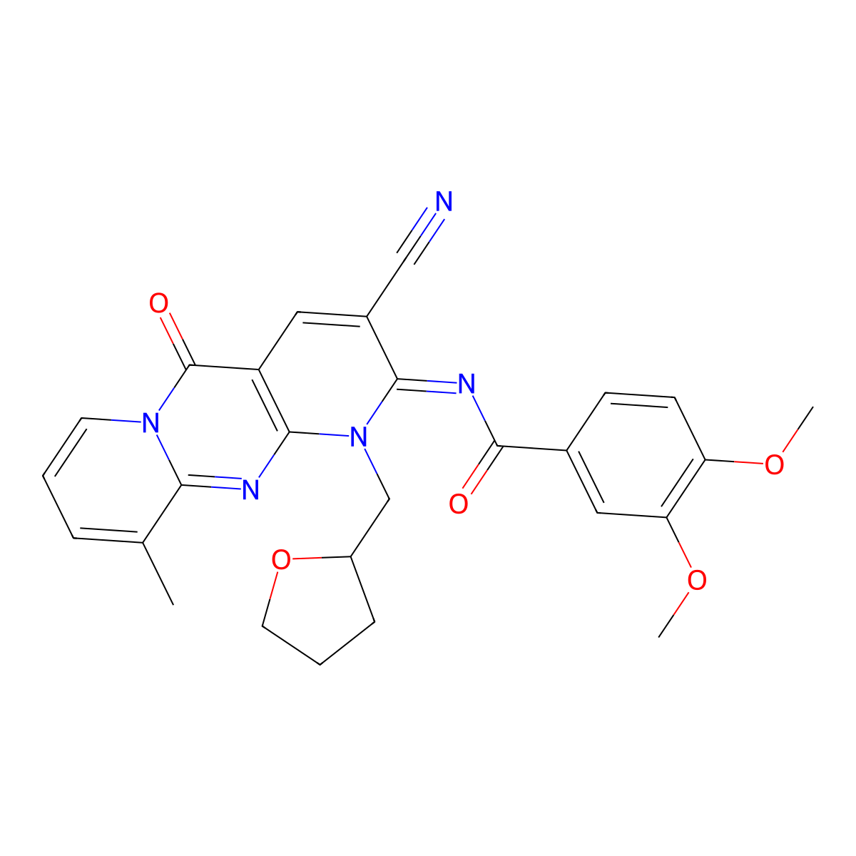 (E)-N-(3-cyano-10-methyl-5-oxo-1-((tetrahydrofuran-2-yl)methyl)-1H-dipyrido[1,2-a:2',3'-d]pyrimidin-2(5H)-ylidene)-3,4-dimethoxybenzamide molecular structure, CAS 862192-06-1
