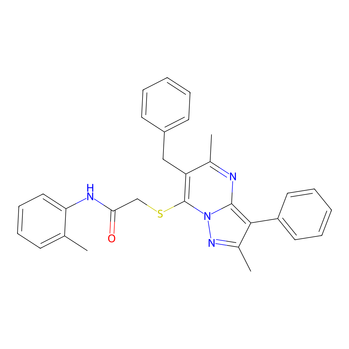 2-[(6-benzyl-2,5-dimethyl-3-phenylpyrazolo[1,5-a]pyrimidin-7-yl)sulfanyl]-N-(2-methylphenyl)acetamide molecular structure, CAS 862192-40-3