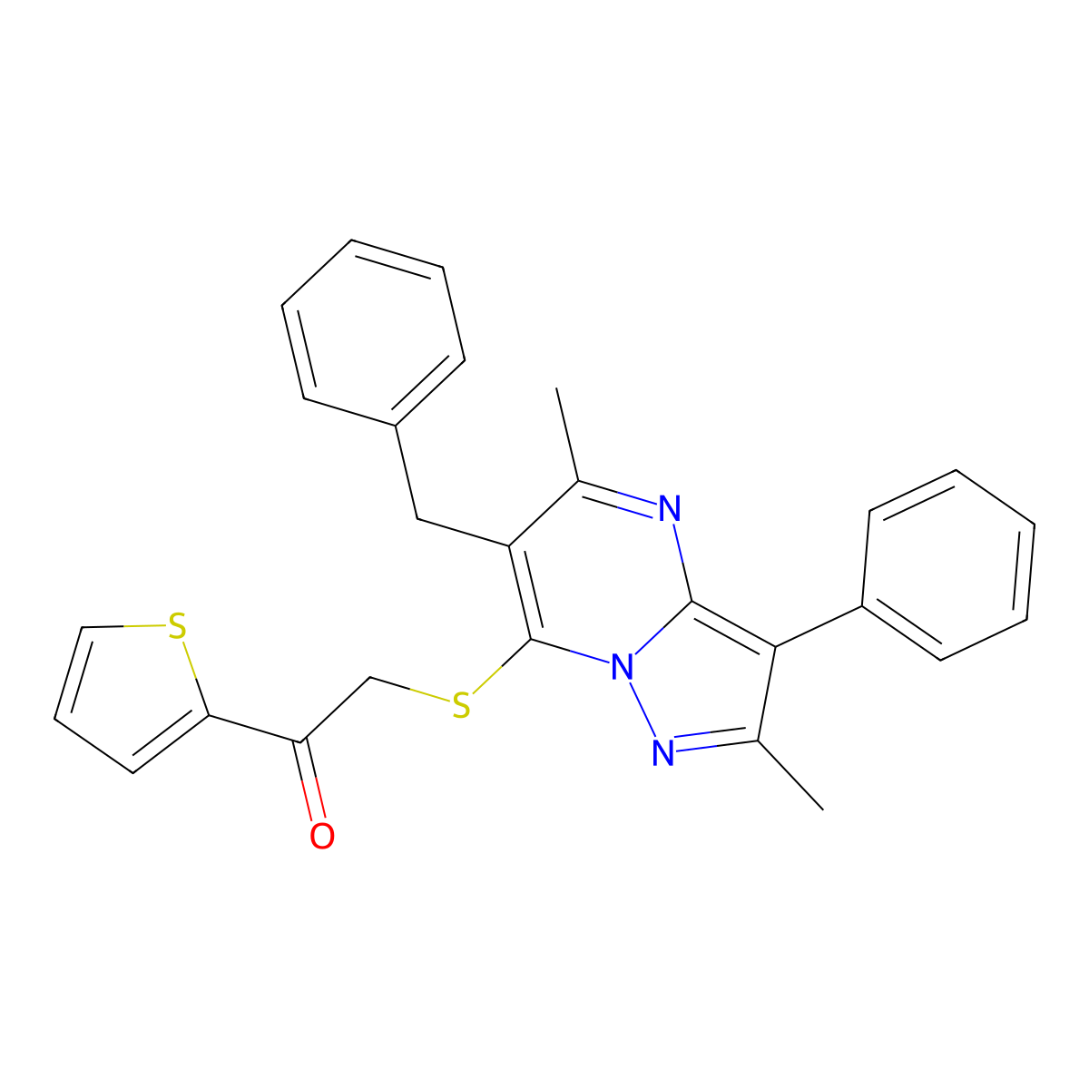 2-[(6-Benzyl-2,5-dimethyl-3-phenylpyrazolo[1,5-a]pyrimidin-7-yl)sulfanyl]-1-(thiophen-2-yl)ethanone molecular structure, CAS 862192-74-3