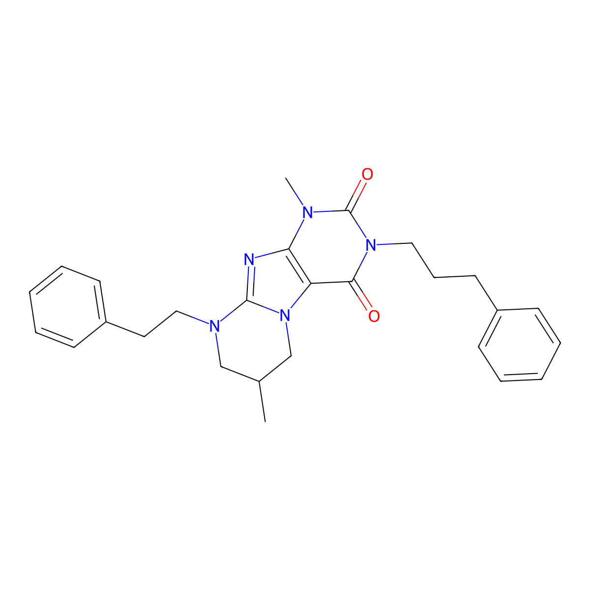 1,7-dimethyl-9-(2-phenylethyl)-3-(3-phenylpropyl)-6,7,8,9-tetrahydropyrimido[2,1-f]purine-2,4(1H,3H)-dione molecular structure, CAS 862193-65-5