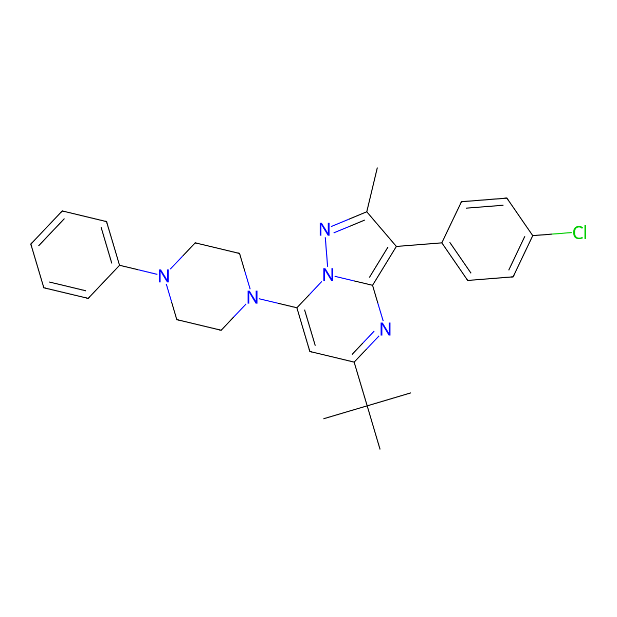 5-Tert-butyl-3-(4-chlorophenyl)-2-methyl-7-(4-phenylpiperazin-1-yl)pyrazolo[1,5-a]pyrimidine molecular structure, CAS 862194-67-0