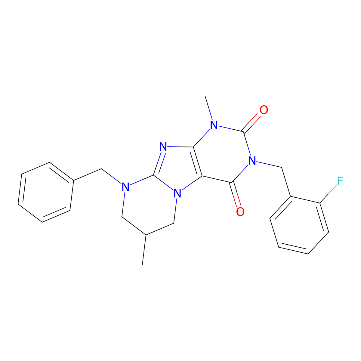 9-benzyl-3-(2-fluorobenzyl)-1,7-dimethyl-6,7,8,9-tetrahydropyrimido[2,1-f]purine-2,4(1H,3H)-dione molecular structure, CAS 862198-43-4