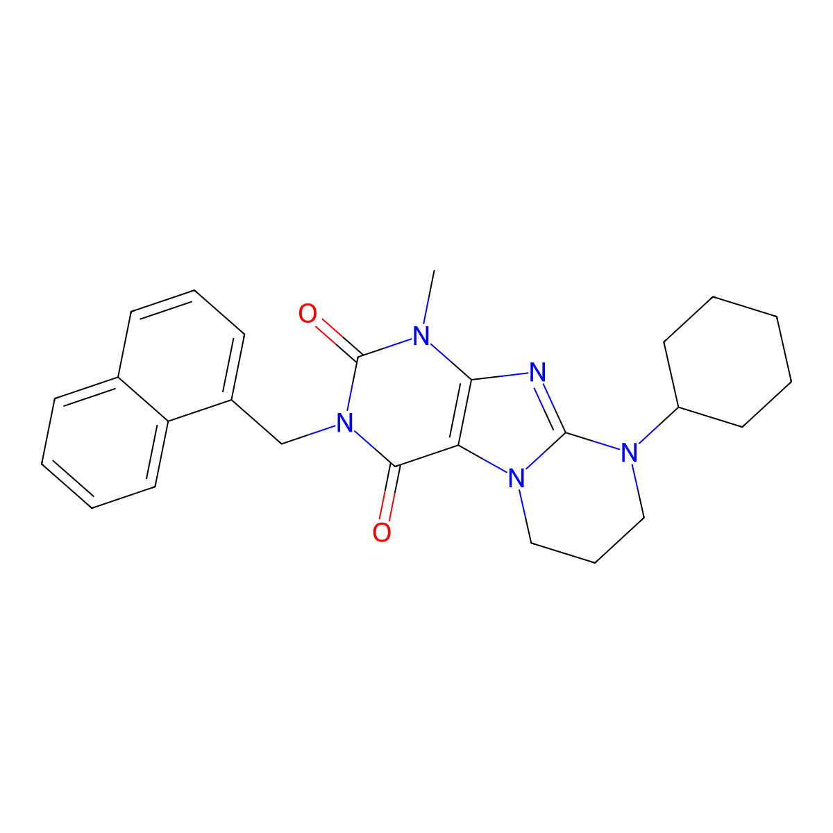 9-cyclohexyl-1-methyl-3-[(naphthalen-1-yl)methyl]-1H,2H,3H,4H,6H,7H,8H,9H-pyrimido[1,2-g]purine-2,4-dione molecular structure, CAS 862198-98-9