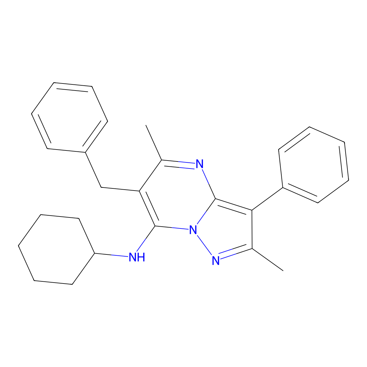6-benzyl-N-cyclohexyl-2,5-dimethyl-3-phenylpyrazolo[1,5-a]pyrimidin-7-amine molecular structure, CAS 862199-19-7