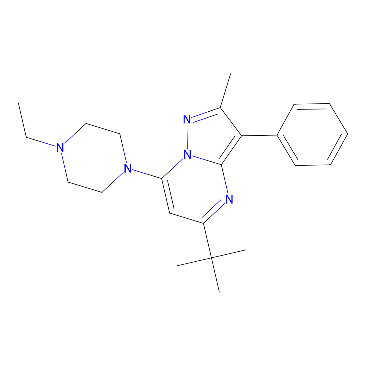 5-Tert-butyl-7-(4-ethyl-1-piperazinyl)-2-methyl-3-phenylpyrazolo[1,5-a]pyrimidine molecular structure, CAS 862199-24-4