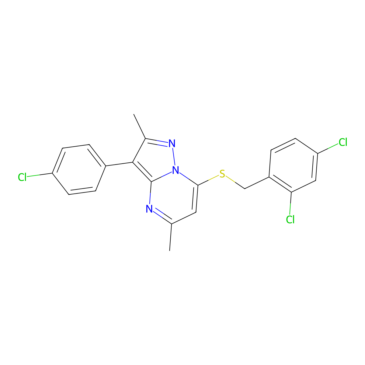 3-(4-Chlorophenyl)-7-[(2,4-dichlorobenzyl)sulfanyl]-2,5-dimethylpyrazolo[1,5-a]pyrimidine molecular structure, CAS 862199-34-6