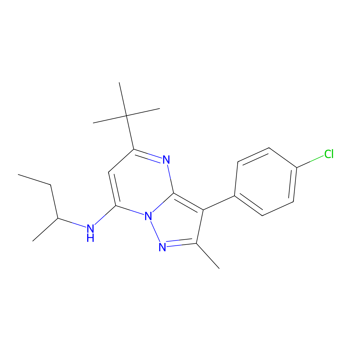 N-(butan-2-yl)-5-tert-butyl-3-(4-chlorophenyl)-2-methylpyrazolo[1,5-a]pyrimidin-7-amine molecular structure, CAS 862199-54-0