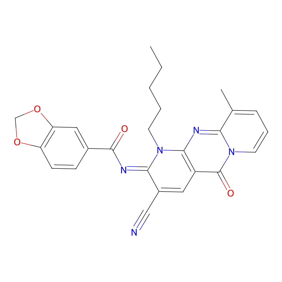 (E)-N-(3-cyano-10-methyl-5-oxo-1-pentyl-1H-dipyrido[1,2-a:2',3'-d]pyrimidin-2(5H)-ylidene)benzo[d][1,3]dioxole-5-carboxamide molecular structure, CAS 862199-64-2