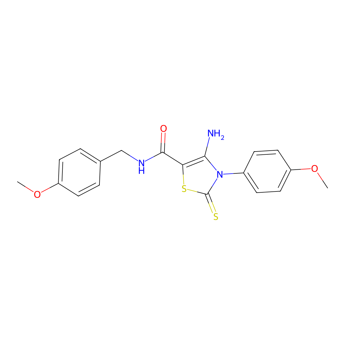4-amino-3-(4-methoxyphenyl)-N-[(4-methoxyphenyl)methyl]-2-sulfanylidene-1,3-thiazole-5-carboxamide molecular structure, CAS 862199-70-0