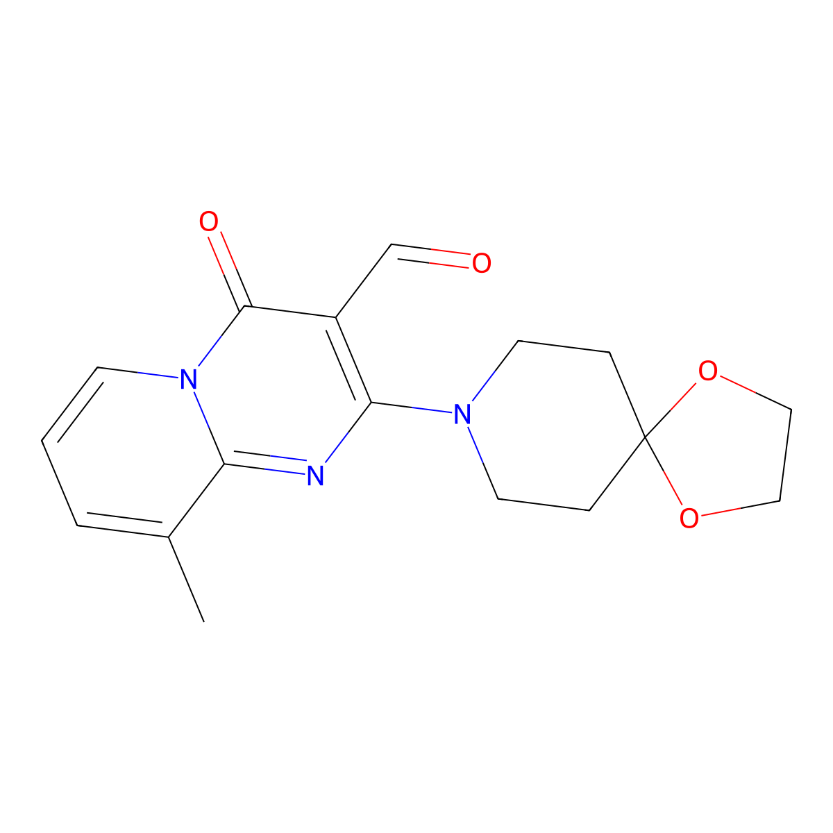 9-methyl-4-oxo-2-(1,4-dioxa-8-azaspiro[4.5]decan-8-yl)-4H-pyrido[1,2-a]pyrimidine-3-carbaldehyde molecular structure, CAS 862199-79-9