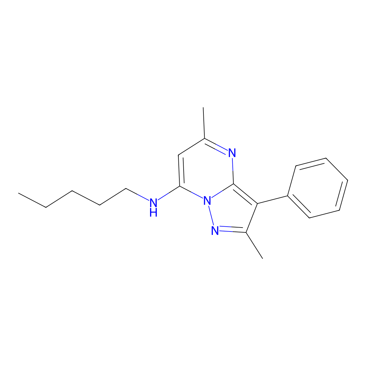 2,5-dimethyl-N-pentyl-3-phenylpyrazolo[1,5-a]pyrimidin-7-amine molecular structure, CAS 862208-41-1