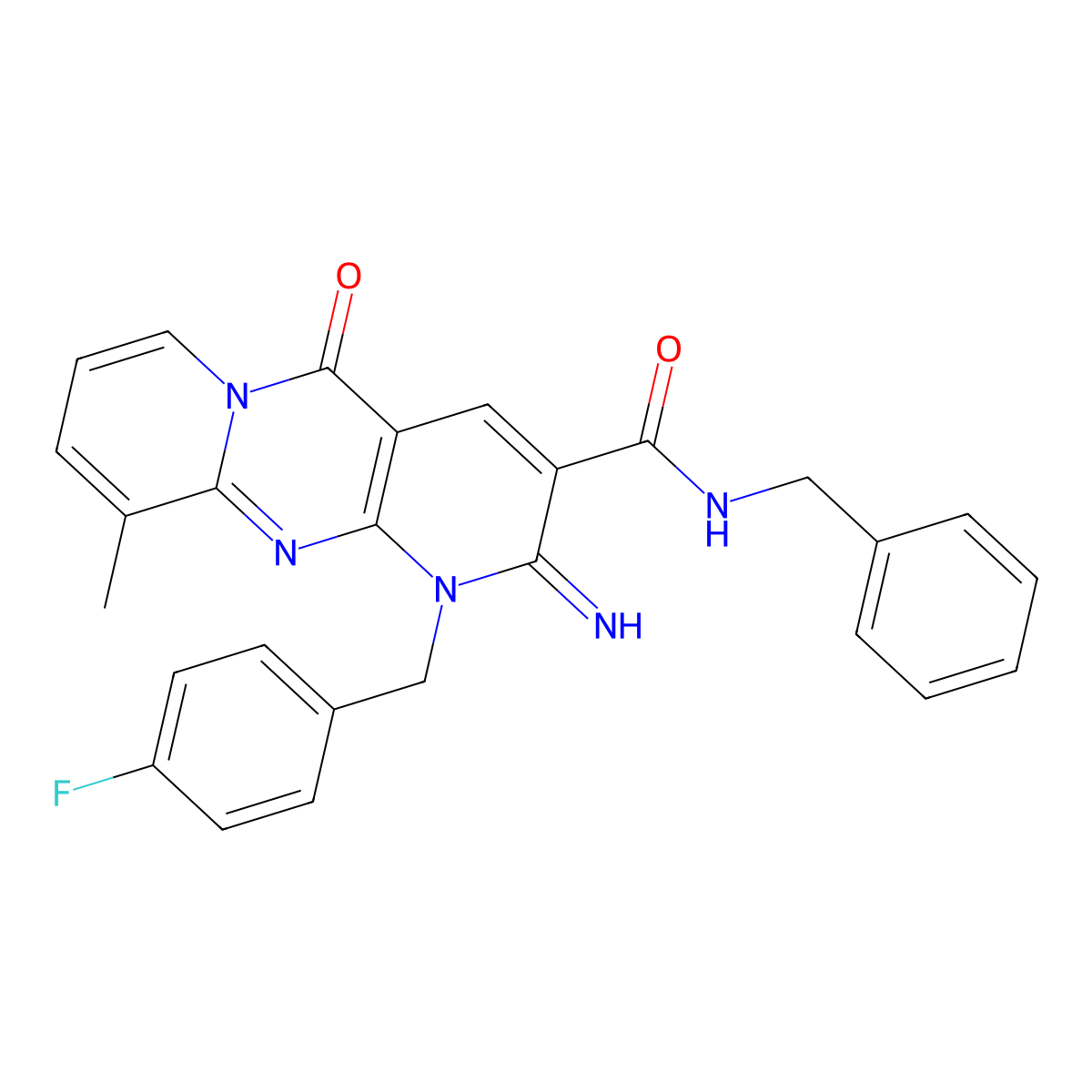 N-benzyl-1-(4-fluorobenzyl)-2-imino-10-methyl-5-oxo-1,5-dihydro-2H-dipyrido[1,2-a:2',3'-d]pyrimidine-3-carboxamide molecular structure, CAS 862208-59-1