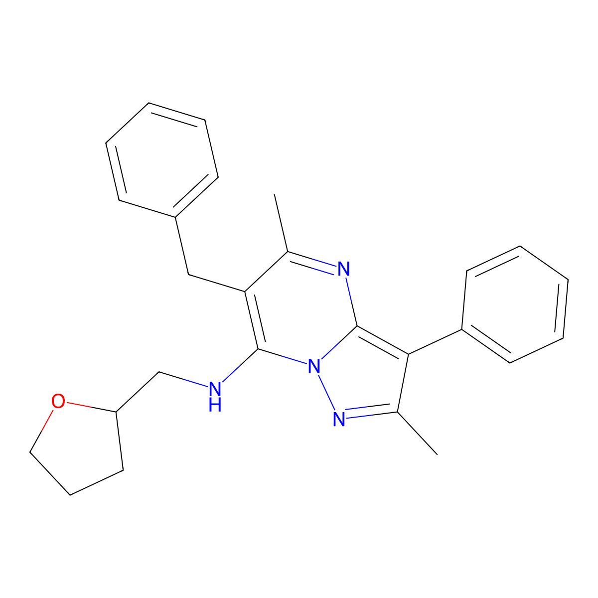 6-benzyl-2,5-dimethyl-N-[(oxolan-2-yl)methyl]-3-phenylpyrazolo[1,5-a]pyrimidin-7-amine molecular structure, CAS 862208-76-2