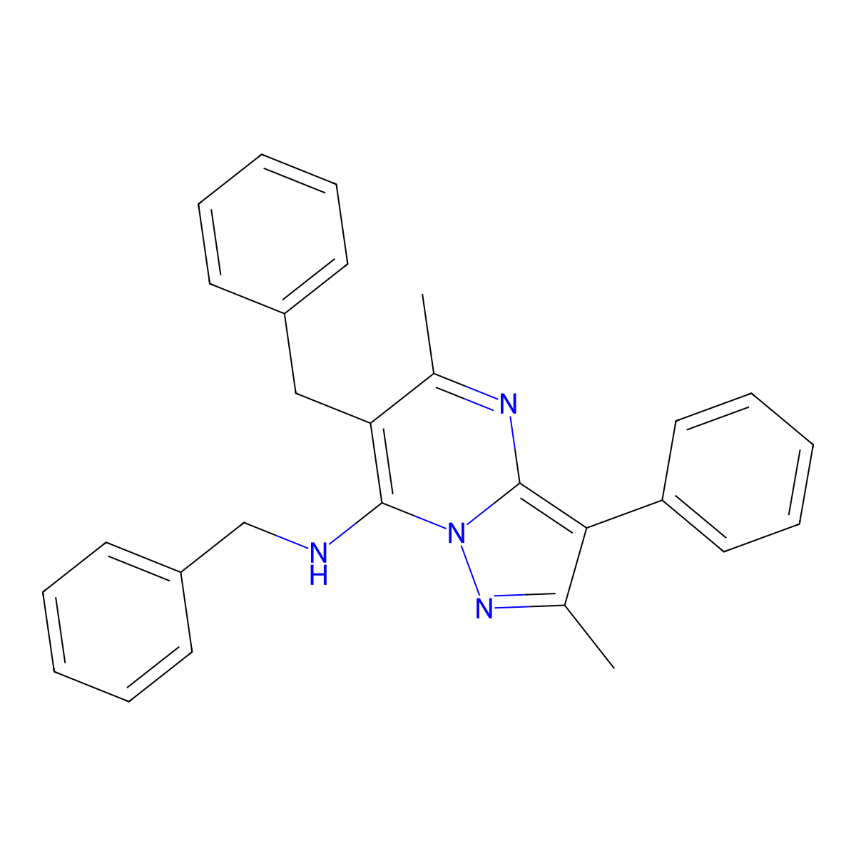 N,6-dibenzyl-2,5-dimethyl-3-phenylpyrazolo[1,5-a]pyrimidin-7-amine molecular structure, CAS 862209-50-5