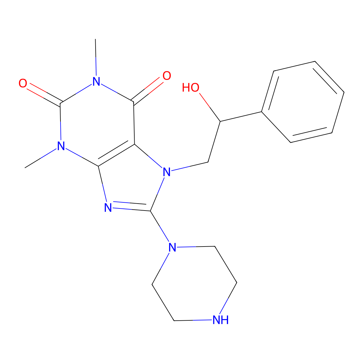 7-(2-hydroxy-2-phenylethyl)-1,3-dimethyl-8-(piperazin-1-yl)-1H-purine-2,6(3H,7H)-dione molecular structure, CAS 862209-53-8