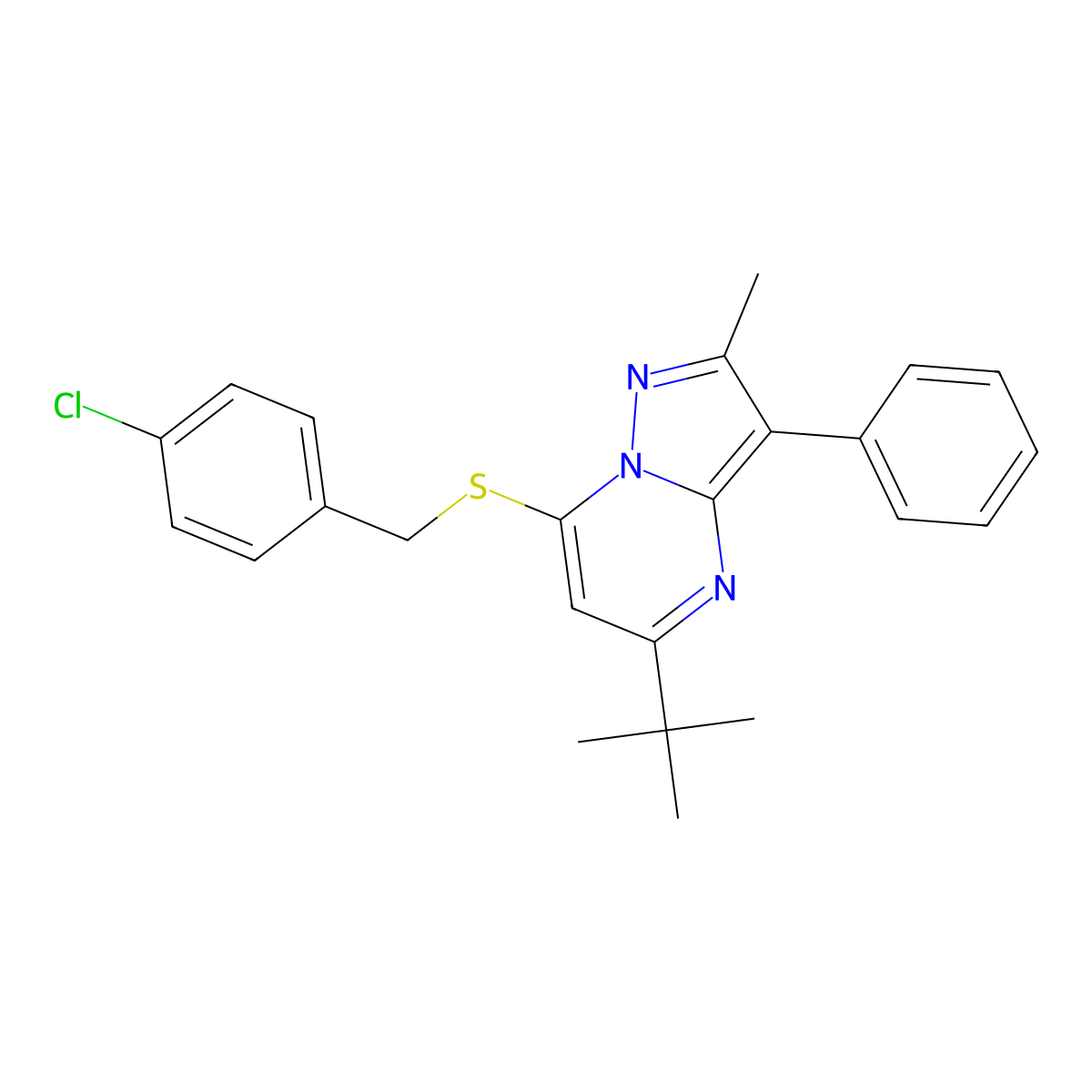 5-Tert-butyl-7-[(4-chlorobenzyl)sulfanyl]-2-methyl-3-phenylpyrazolo[1,5-a]pyrimidine molecular structure, CAS 862210-01-3